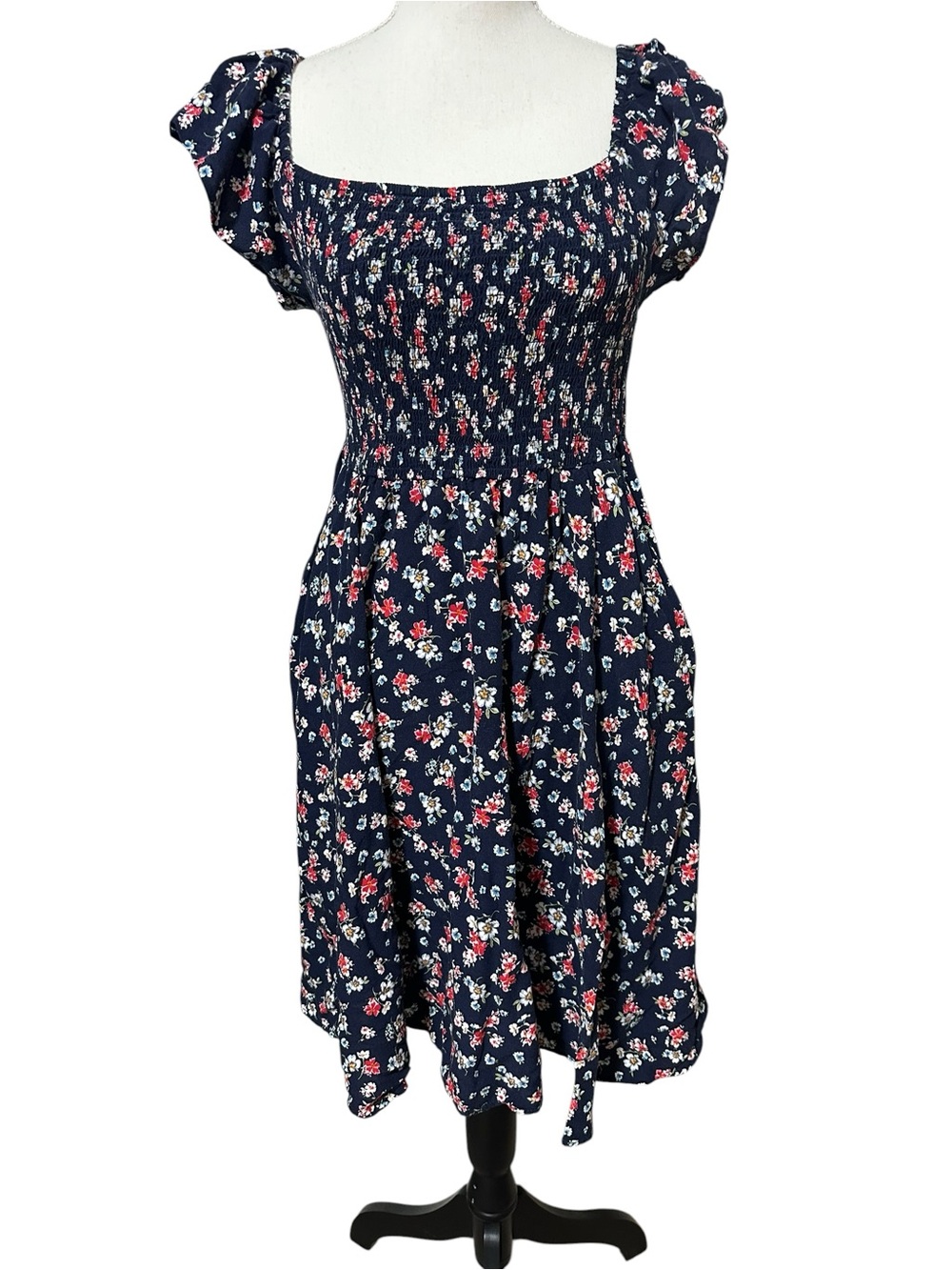 torrid Navy Floral Smocked Midi Dress with Puff Sleeves